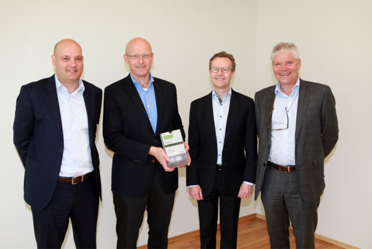 Partners from left Ronny Brudeseth, Eltel Networks (installation), Geir Kulås, Skagerak Nett, Aksel Aanensen, Ericsson and Thor-Erik Næss, Aidon. Picture Aidon.