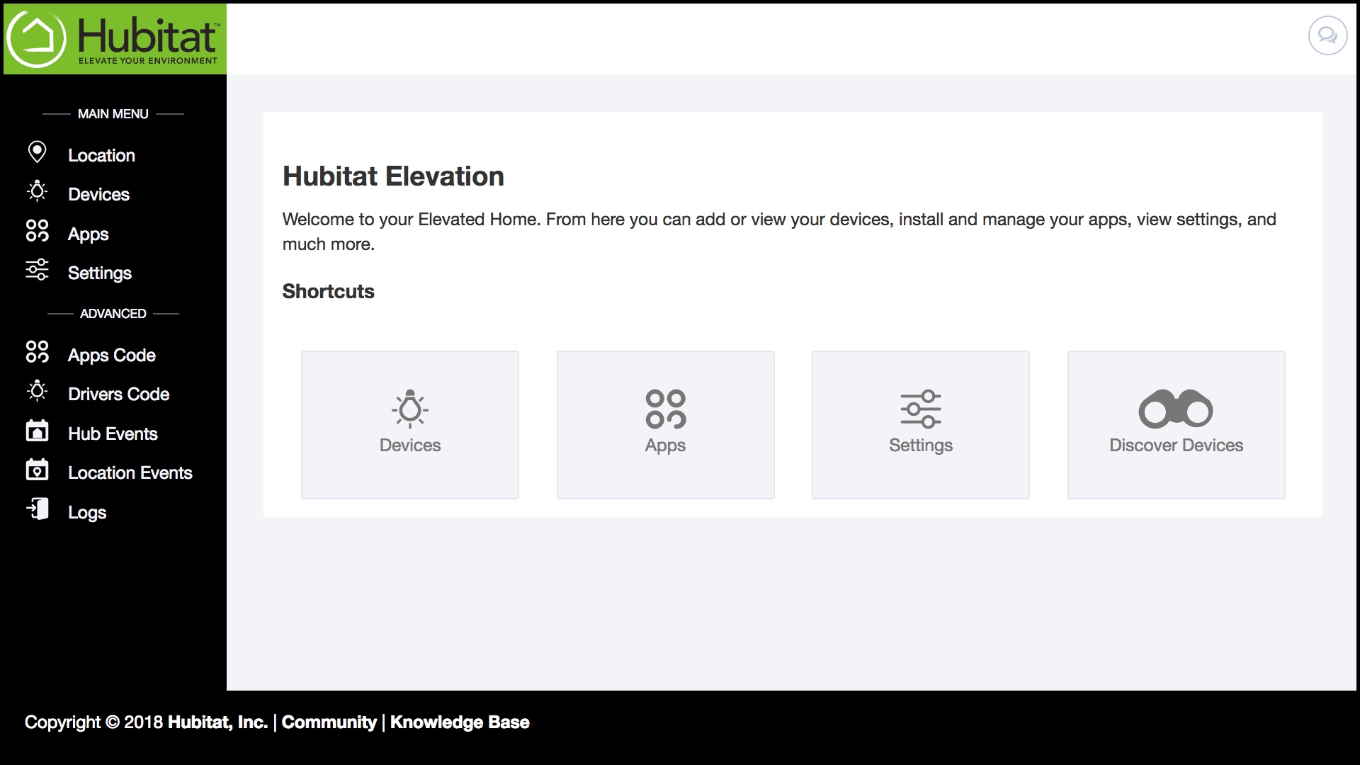 Hubitat IoT platform screen
