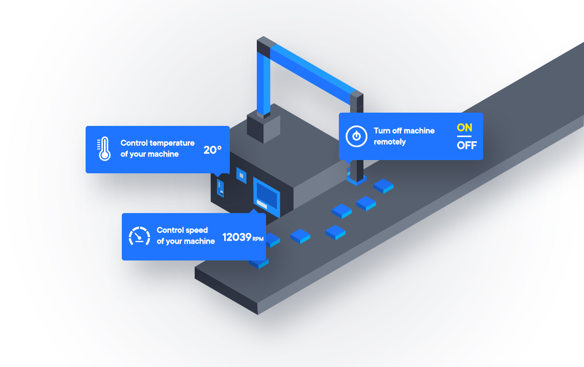 Production line with IoT sensors showing temperature, speed, vibrations