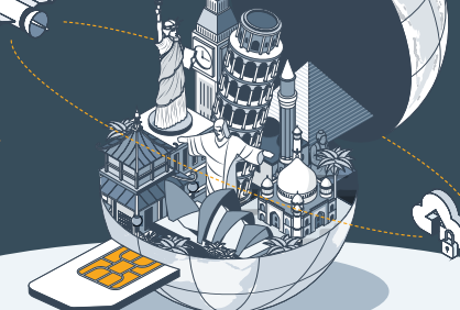 a globe with all big monuments of the worl: Big Bem, Statue of Liberty, piramids, etc, connected with SIM and cloud