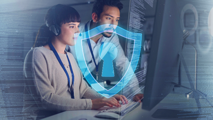 A man and a woman researching something, theres coding surrounding them and a big icon of a lock in a shield over their faces