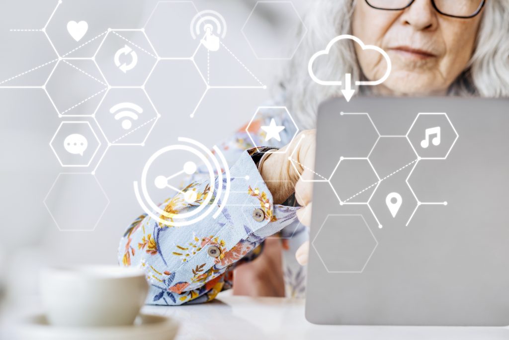 global connection with senior woman working on laptop smart technology remix