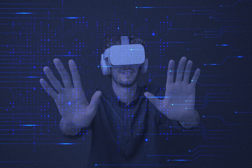Entertainment technology VR background in blue circuit lines remixed media